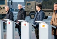 NATO Secretary General with the Prime Ministers of Canada, Latvia and Spain, 8 March 2022