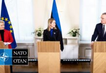 NATO Secretary General with PM Kaja Kallas and EC President Ursula von der Leyen, 24 February 2023