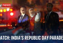 India PM and French President Macron attend parade to celebrate Republic Day, 26 January 2024