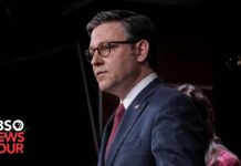 House Speaker Johnson talks to media as Senate dismisses impeachment against Mayorkas, 17 April 2024