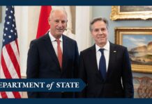 Secretary Blinken camera spray with Peruvian Foreign Minister Javier González-Olaechea, 14 March 22024