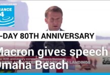 Macron gives speech at Omaha Beach, 6 June 2024
