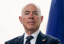 Mayorkas speaks to media after visit to Southern border, 26 June 2024