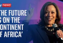 Vice President Kamal Harris and Kenyan President William Ruto speak at the Chamber of Commerce, 24 May 2024