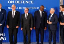Austin holds briefing at G7 meeting of defense ministers in Naples, Italy, 19 October 2024