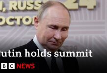 Vladmir Putin greats leaders at BRICS summit in Russia, 22 October 2024