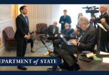 Secretary of State Marco A. Rubio delivers remarks to the press in Shannon, Ireland, 12 March 2025