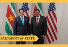 Secretary Rubio holds a joint press availability with Surinamese President Santokhi, 28 March 2025