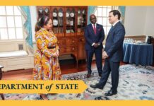 Secretary Rubio hosts a Declaration of Principles signing ceremony signing ceremony between Democratic Republic of the Congo Foreign Minister Thérèse Kayikwamba Wagner and Rwandan Foreign Minister Olivier Nduhungirehe at the Department of State, 25 April 2025