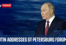 Russian President Vladimir Putin speaks in St Petersburg, 20 June 2025